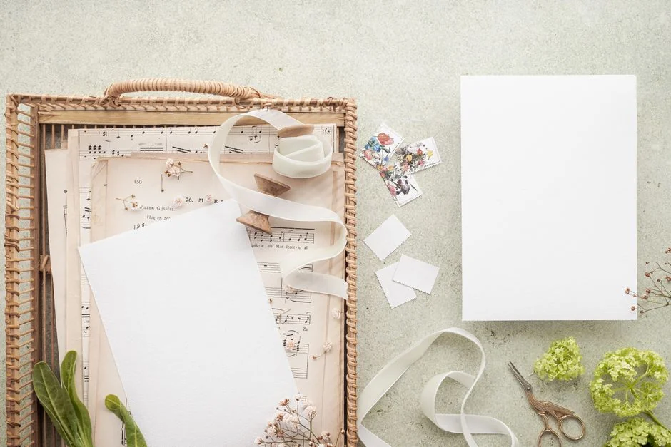 A stylish flat lay of wedding essentials, featuring heels, perfume, and invitations.